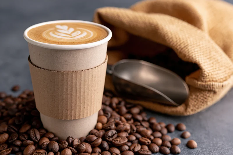 Takeaway paper cup with latte art and cardboard sleeve surrounded by coffee beans and a burlap sack with a metal scoop