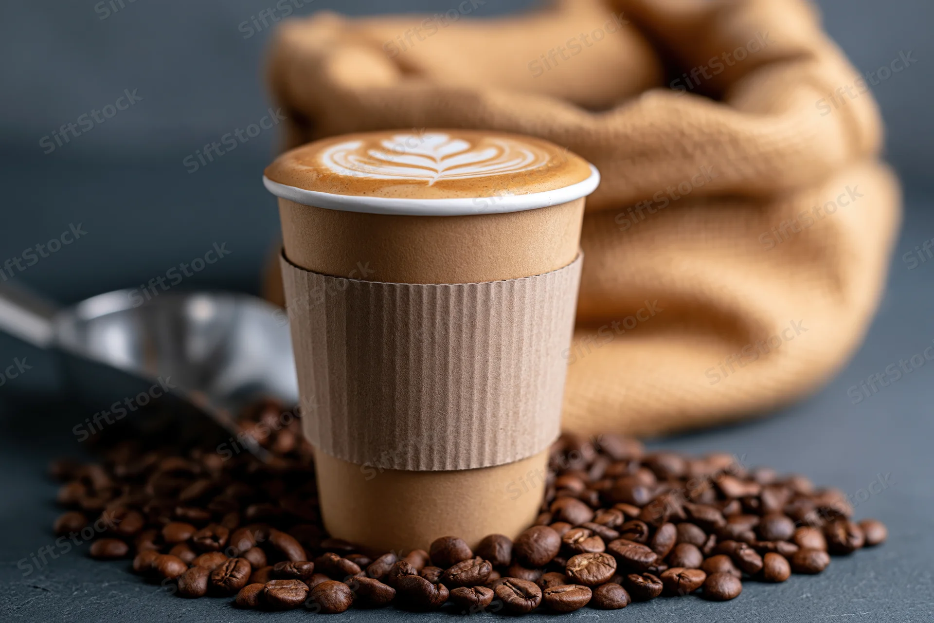 Takeaway paper cup with latte art foam and coffee beans on gray surface