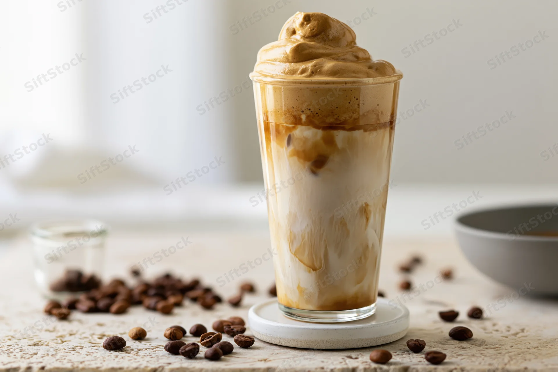 Tall glass of dalgona iced coffee with thick whipped coffee foam on a table surrounded by coffee beans