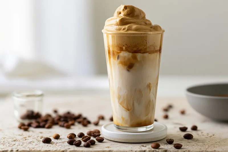 Tall glass of dalgona iced coffee with thick whipped coffee foam on a table surrounded by coffee beans