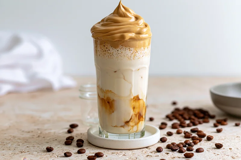 Tall glass of dalgona iced coffee with whipped cream swirl on a table surrounded by coffee beans