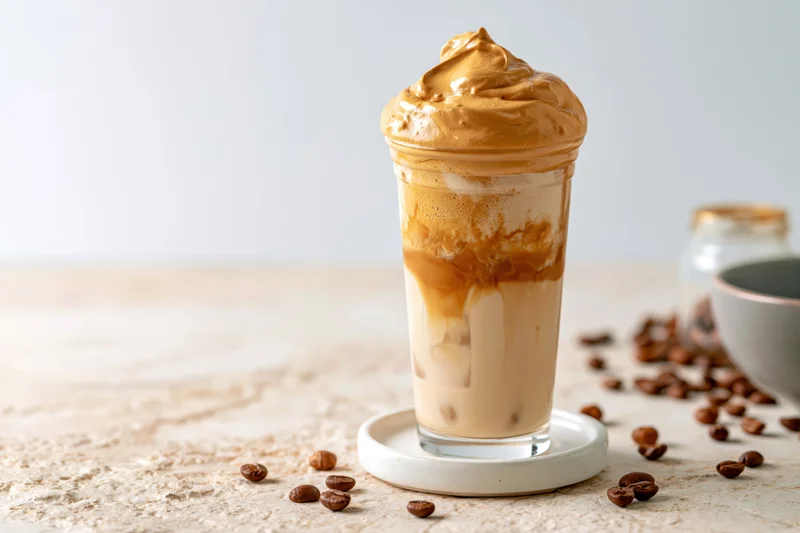Tall glass of dalgona iced coffee with thick whipped coffee foam on a marble countertop surrounded by scattered coffee beans