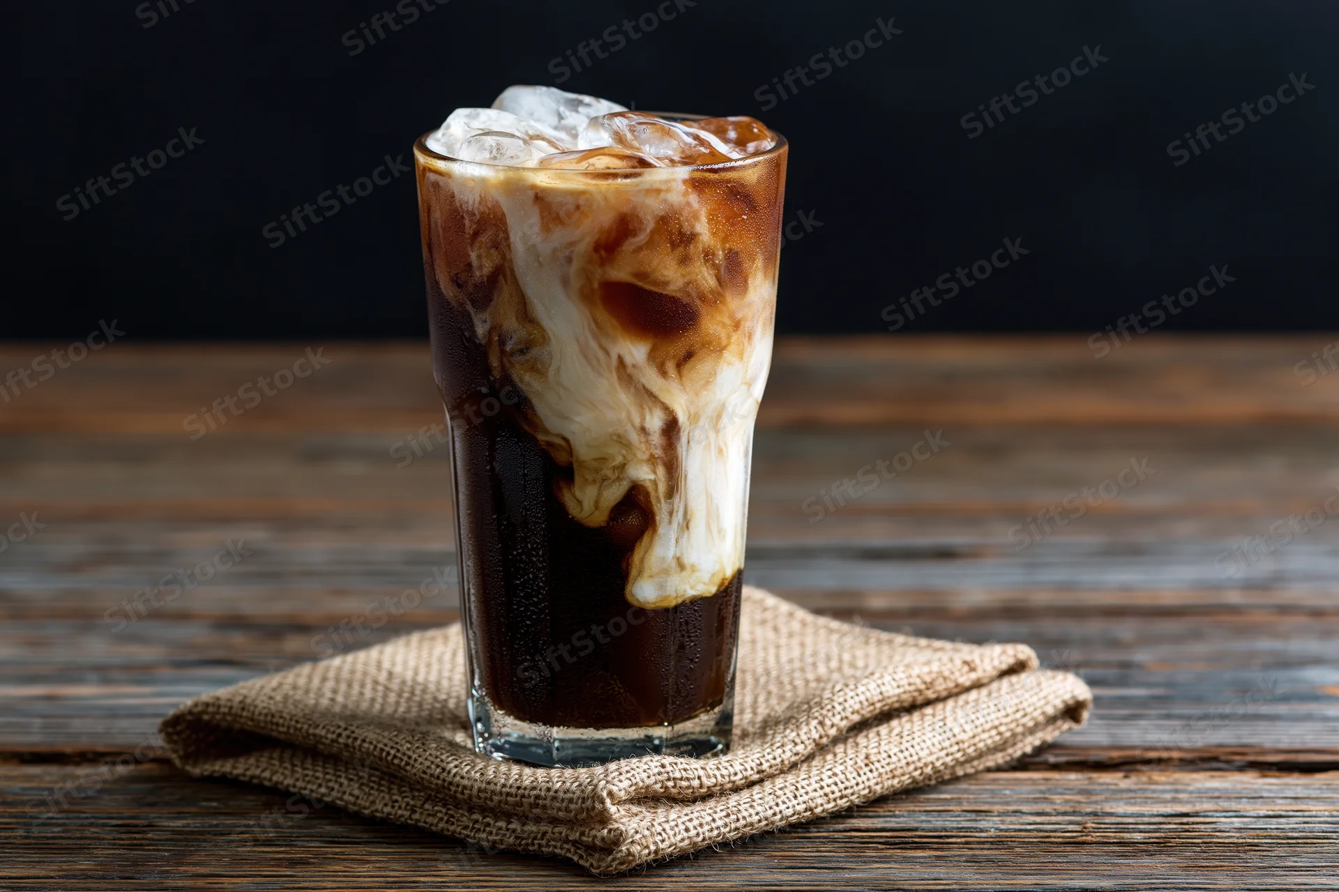 Tall glass of iced coffee with cream swirling in dark liquid on wooden table