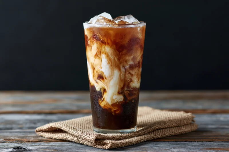 Tall glass of iced coffee with cream swirling through dark espresso on a burlap napkin on wooden table