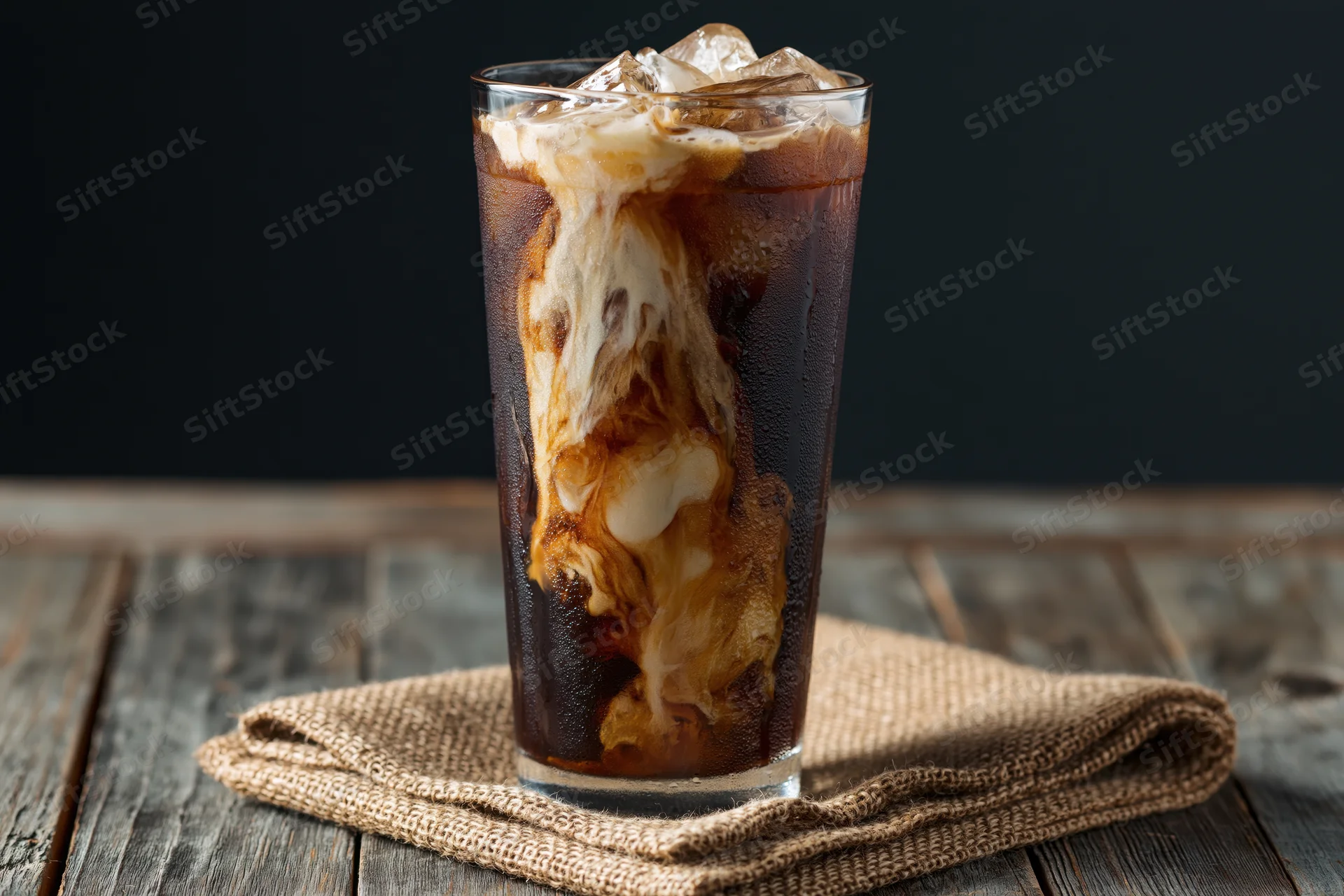 Tall glass of iced coffee with cream swirling through dark liquid on wooden table with burlap napkin