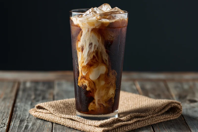 Tall glass of iced coffee with cream swirling through dark liquid on wooden table with burlap napkin