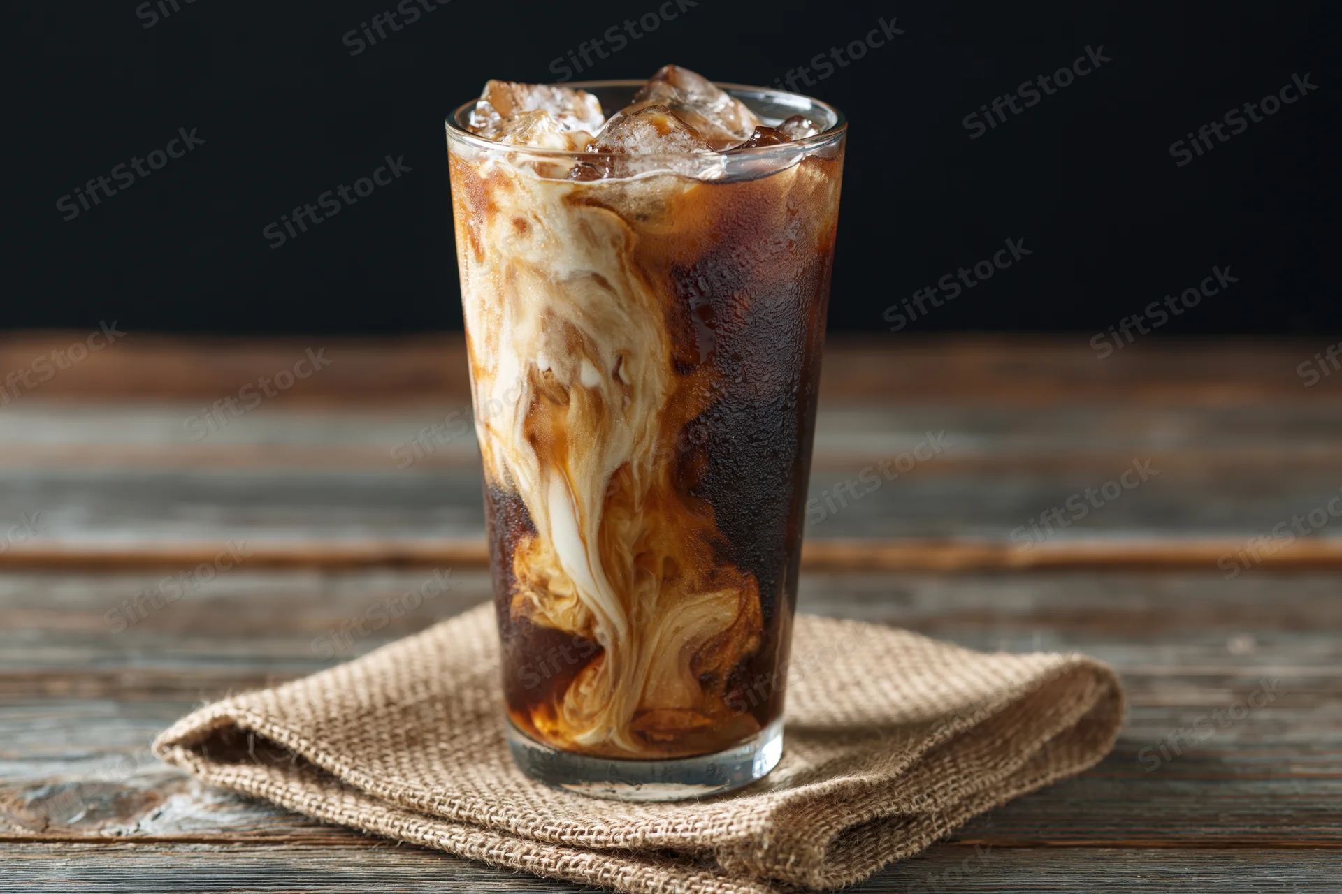 Tall glass of iced coffee with cream swirl on wooden table over burlap napkin