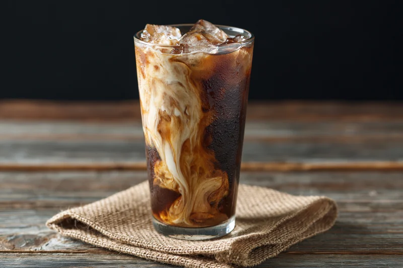 Tall glass of iced coffee with cream swirl on wooden table over burlap napkin