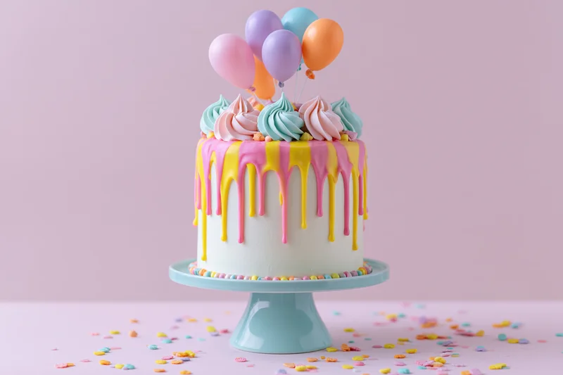 Tall white birthday cake with colorful drip frosting and balloons on a pastel blue stand surrounded by confetti