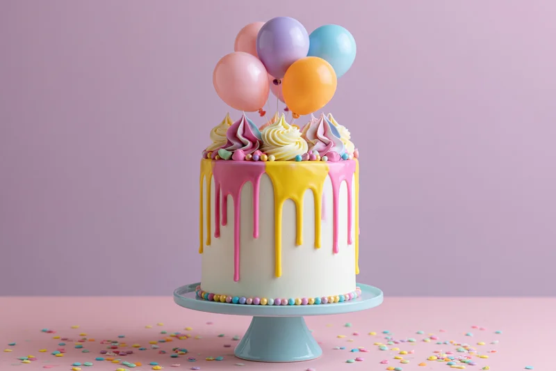 Tall white birthday cake with colorful drip frosting and balloons on a pastel blue cake stand surrounded by sprinkles