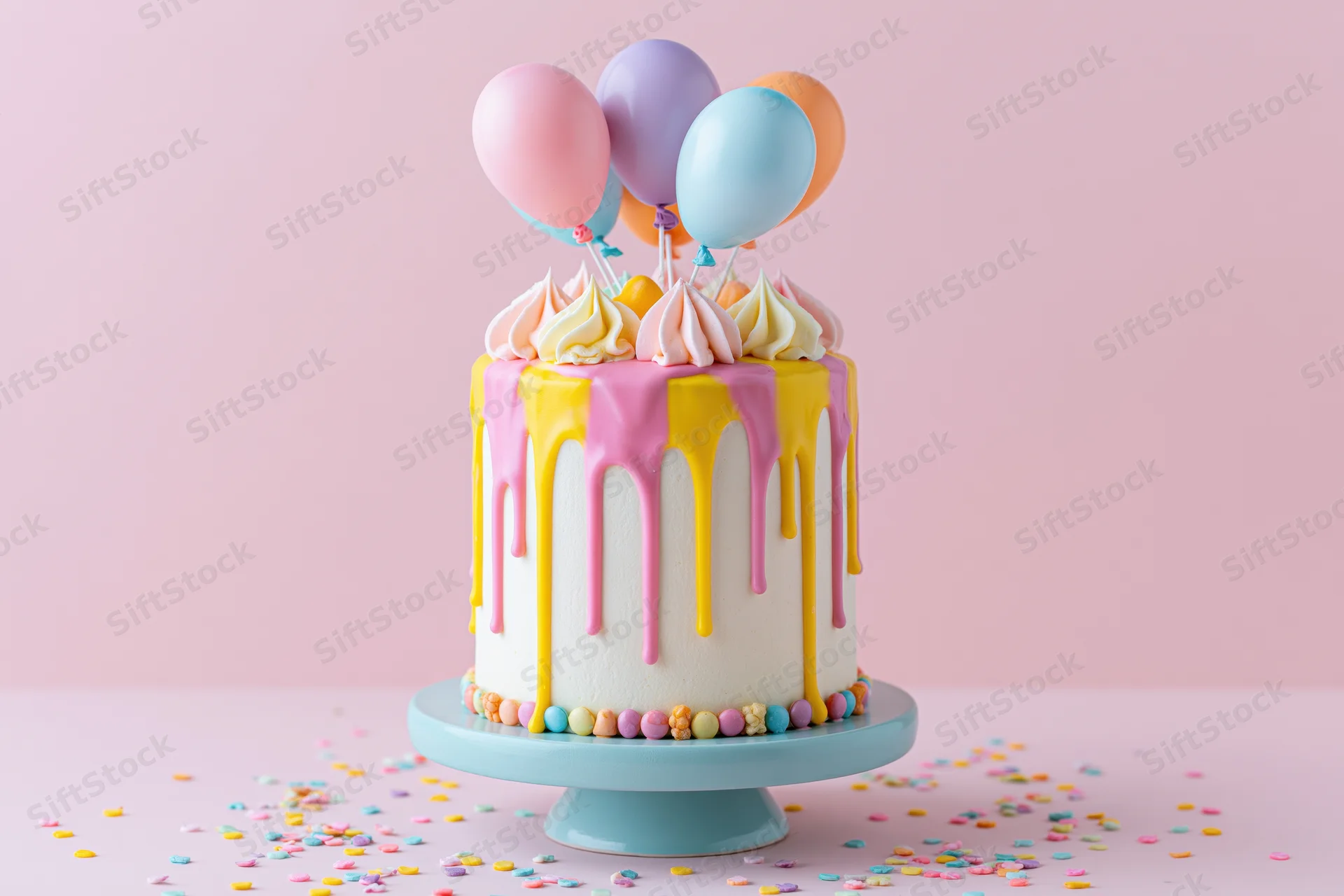 Tall white birthday cake with pastel drip frosting and balloons on a blue cake stand surrounded by confetti
