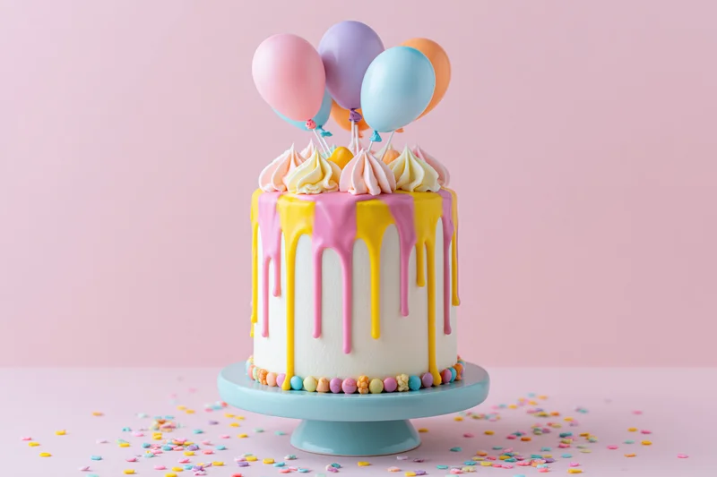 Tall white birthday cake with pastel drip frosting and balloons on a blue cake stand surrounded by confetti