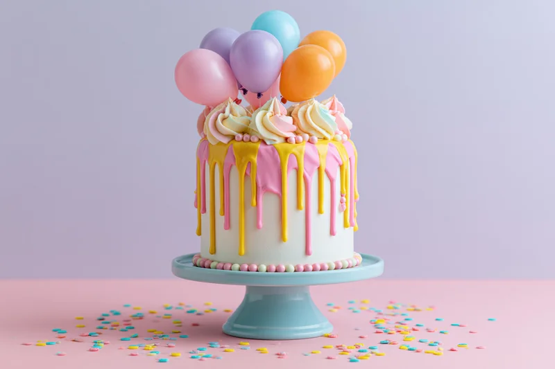 Tall white birthday cake with pastel balloons and dripping frosting on a blue cake stand surrounded by confetti