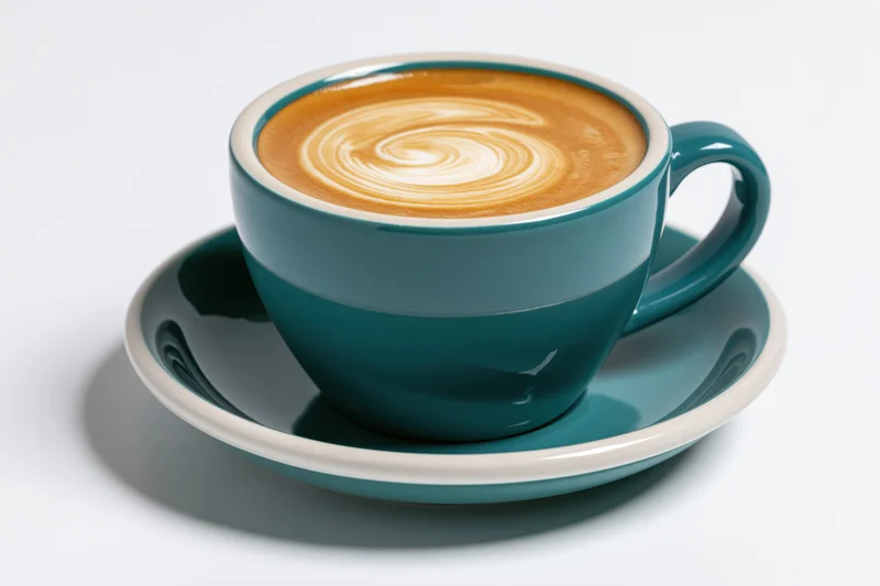 Teal ceramic coffee cup with latte art swirl on saucer against white background