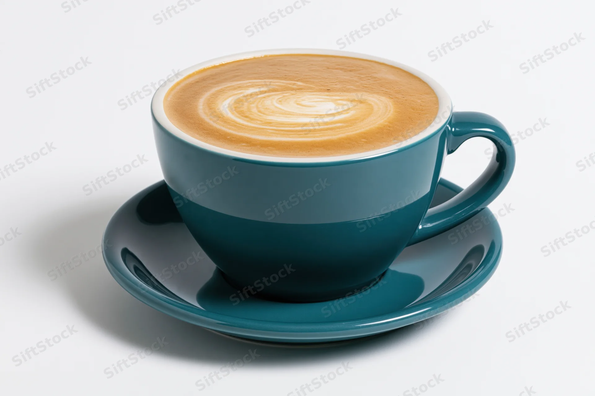 Teal ceramic coffee cup with latte art swirl on saucer against white background