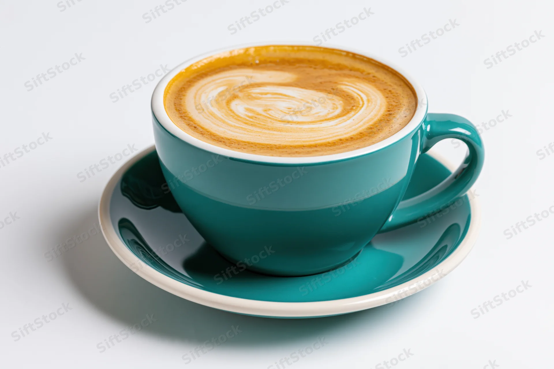 Teal ceramic coffee cup with latte art swirl on saucer against white background