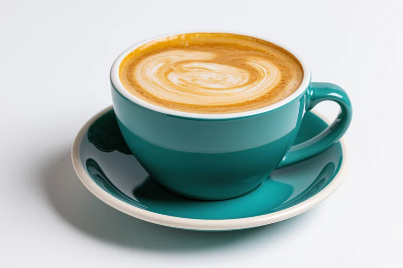 Teal ceramic coffee cup with latte art swirl on saucer against white background