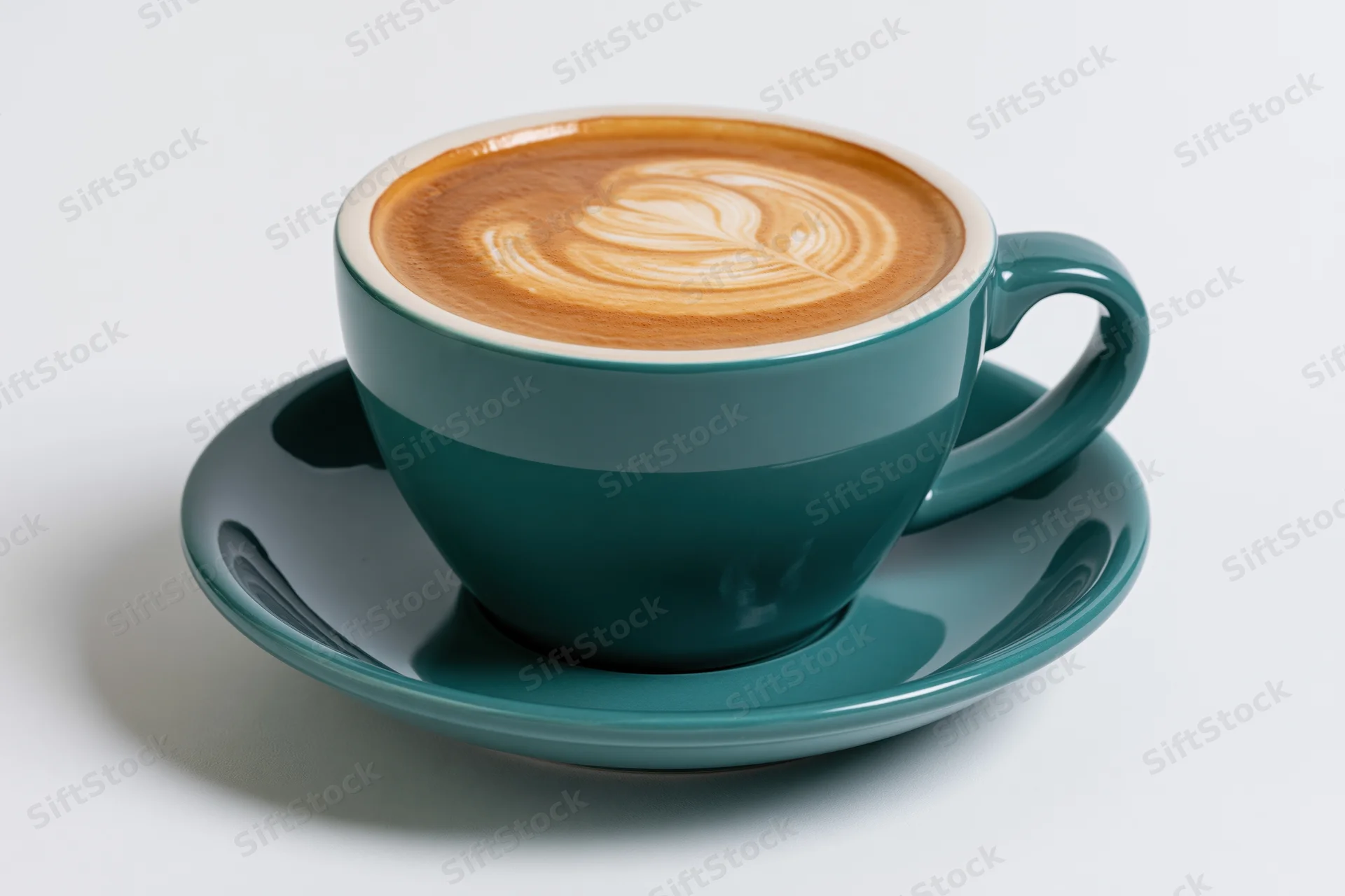 Teal ceramic coffee cup with latte art on saucer against white background