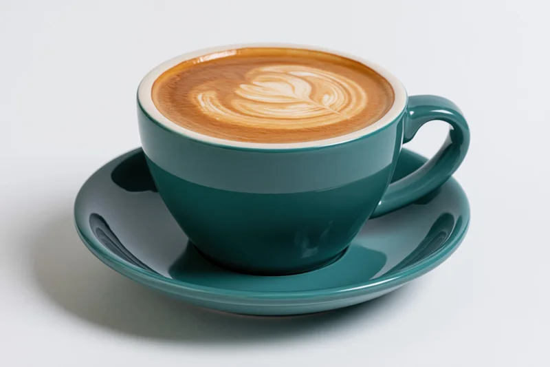 Teal ceramic coffee cup with latte art on saucer against white background