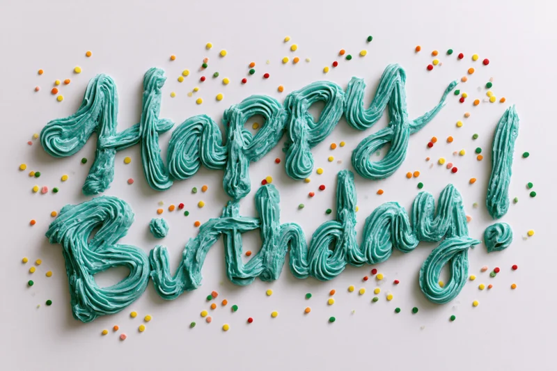 Teal buttercream frosting spelling happy birthday on white surface with colorful sprinkles scattered around