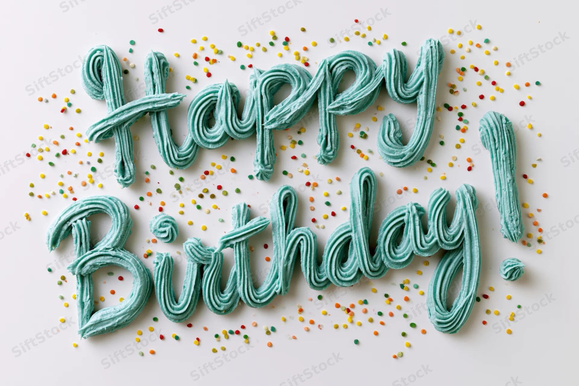 Teal buttercream frosting spelling happy birthday with colorful sprinkles on white surface