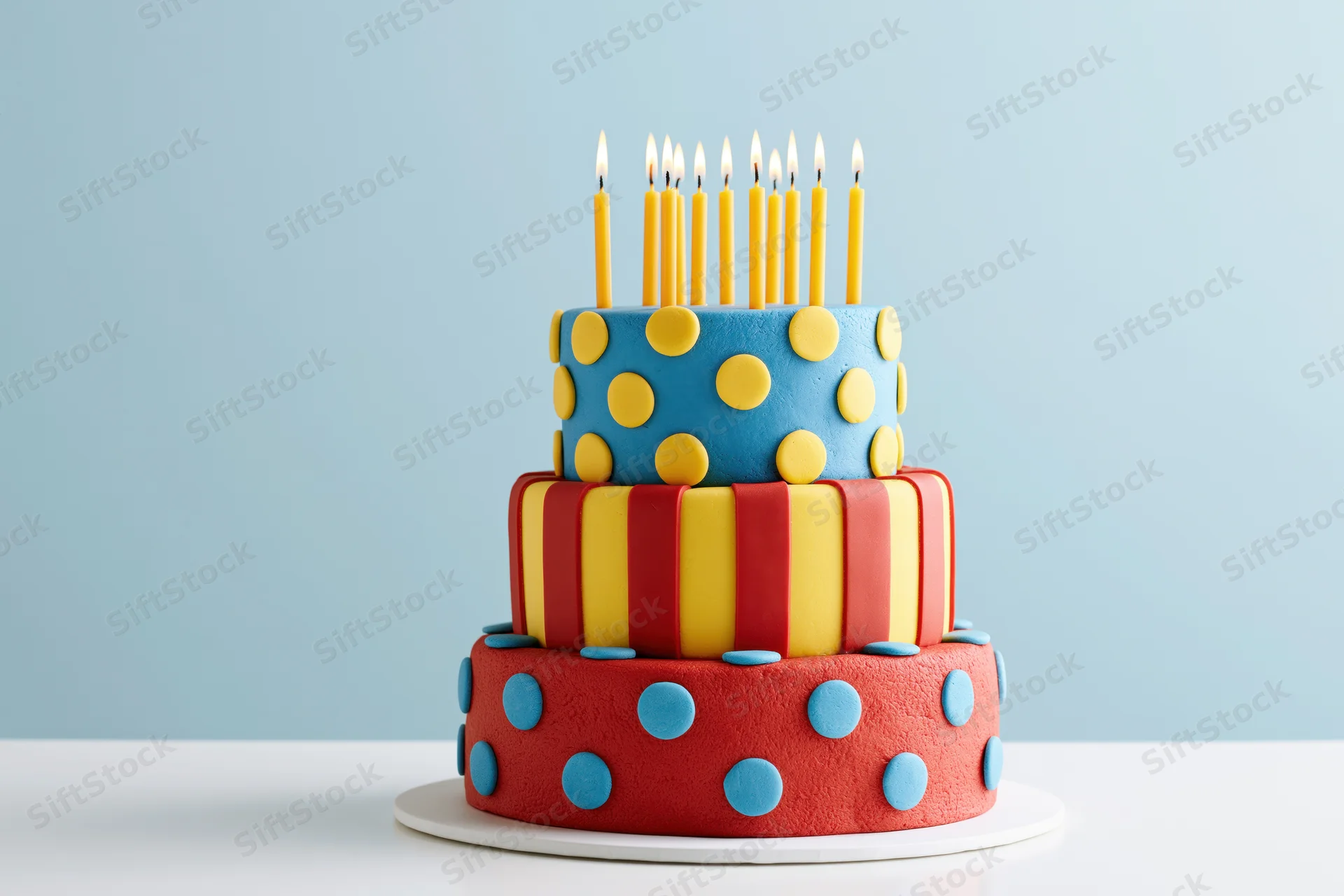 Three-tiered fondant birthday cake with lit yellow candles on a white surface against a light blue background