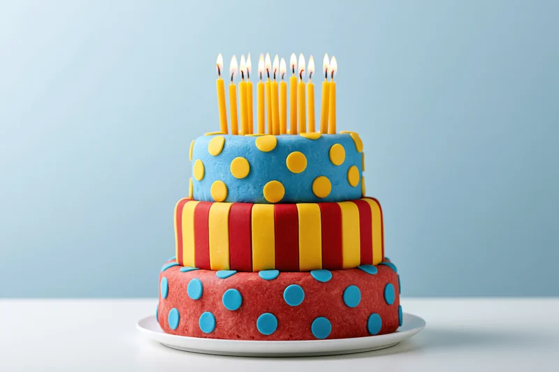 Three-tiered fondant birthday cake with lit yellow candles on a white plate against a light blue background