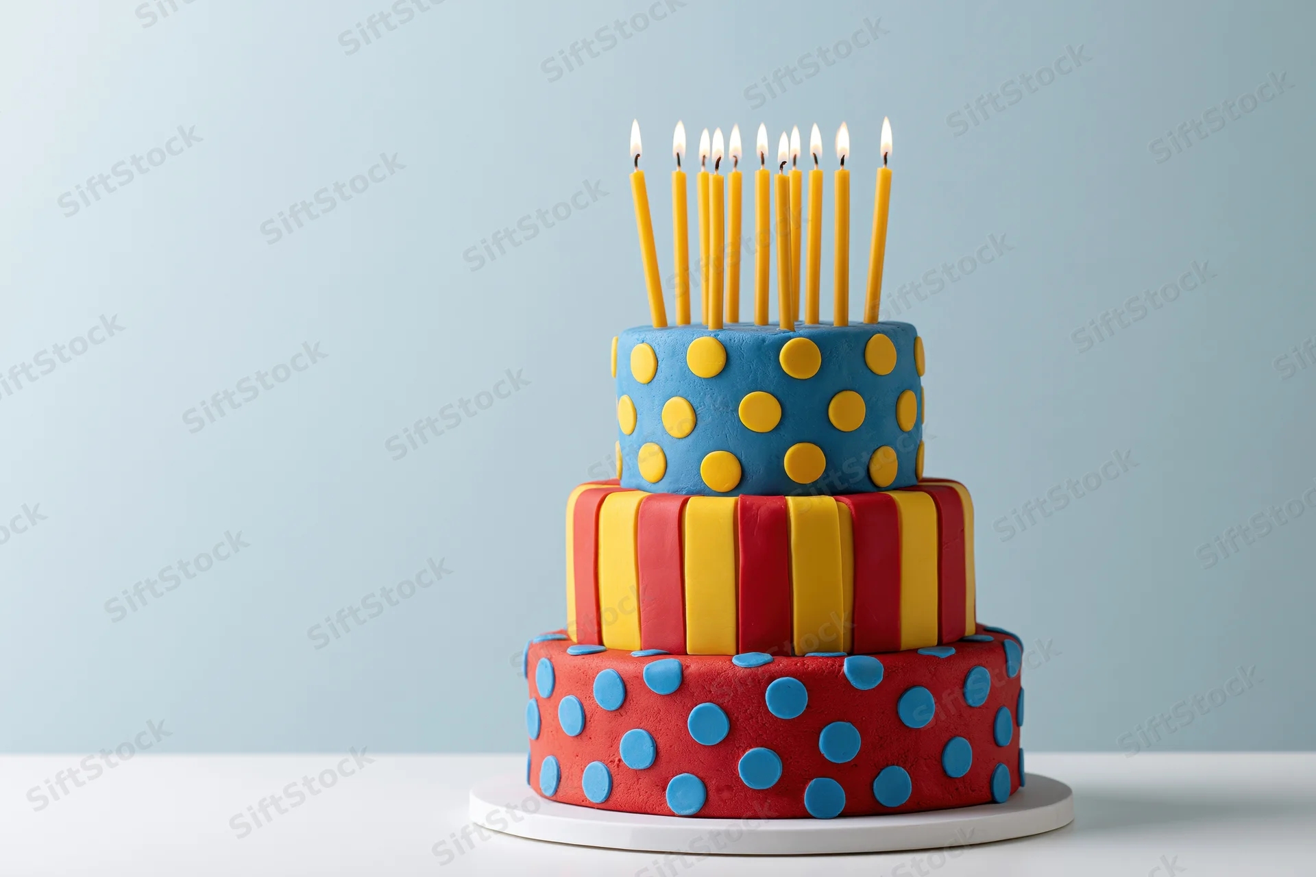 Three-tiered fondant birthday cake with lit yellow candles on a white table against a light blue background