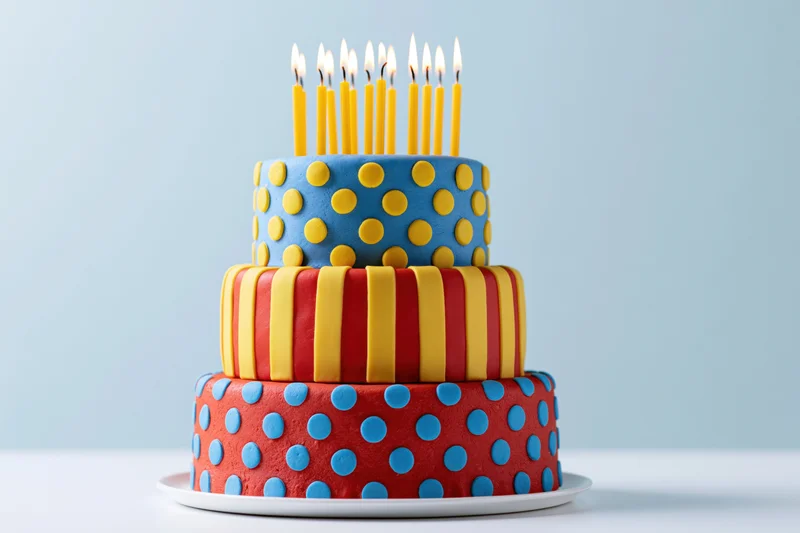 Three-tiered fondant birthday cake with lit yellow candles on a white plate against a light blue background