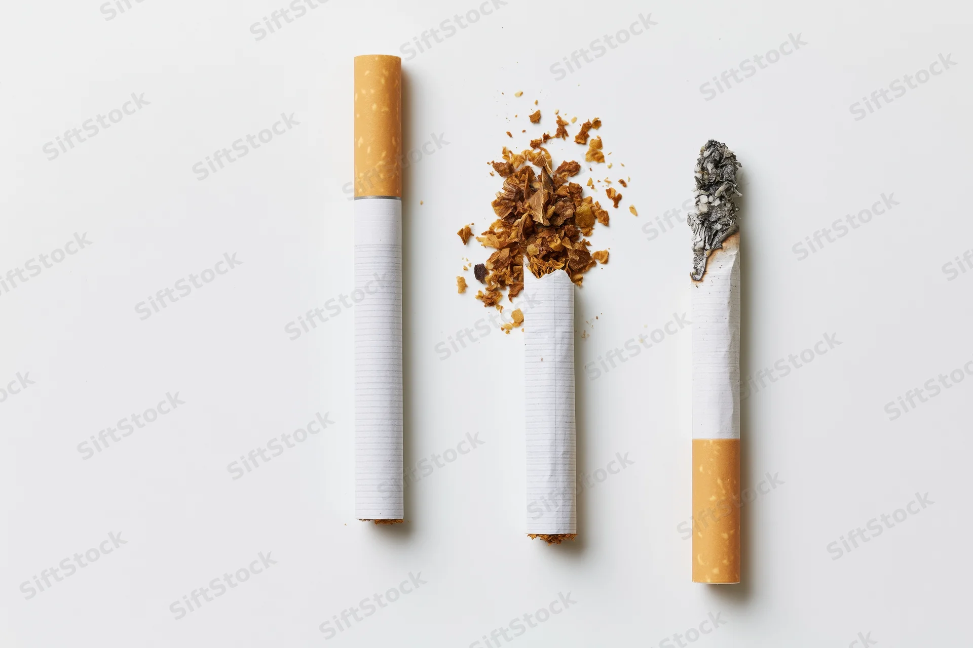 Three cigarettes arranged vertically on white background showing intact, crushed, and smoked states