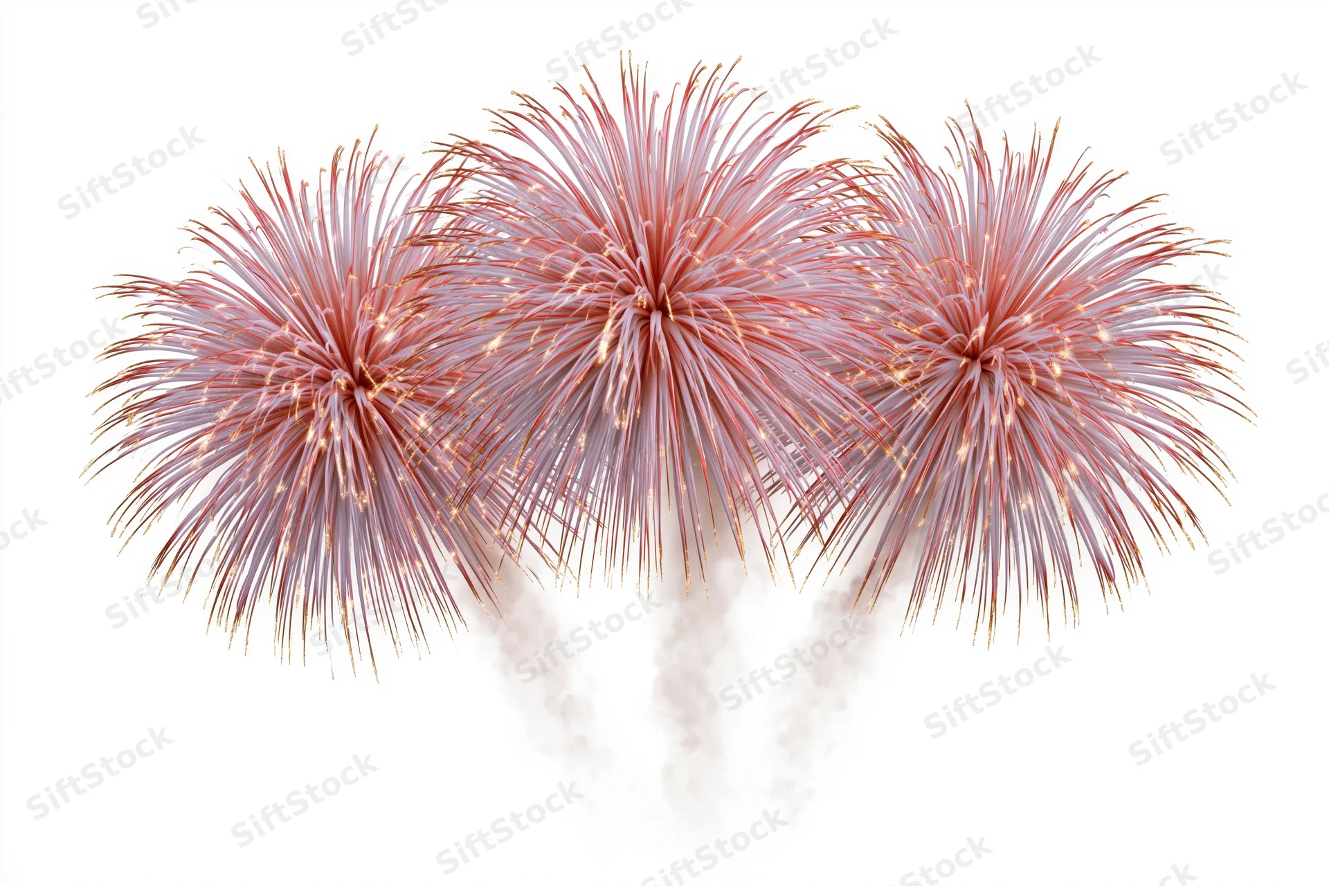 Three pink fireworks bursting simultaneously against a white background