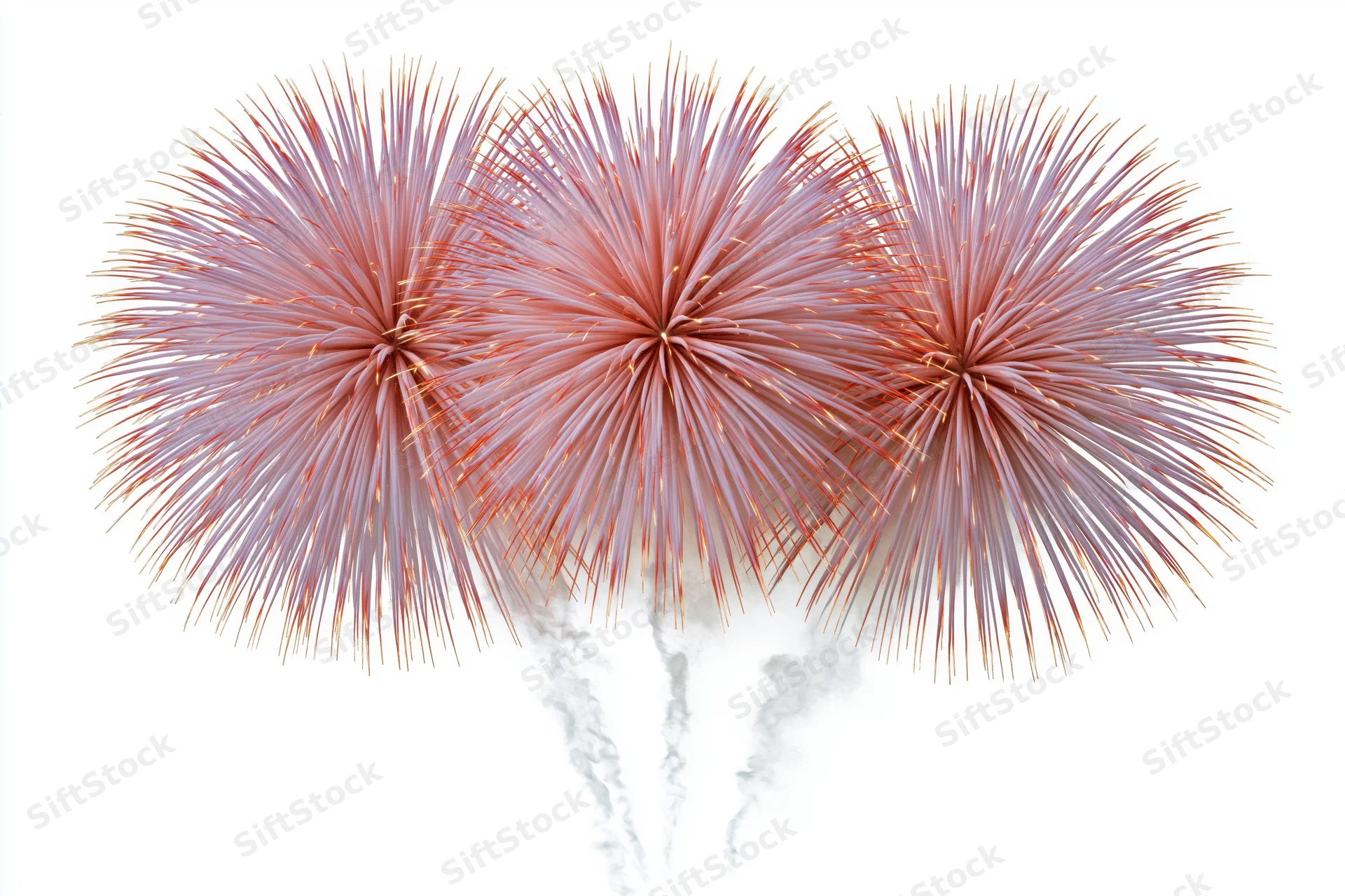 Three red and pink fireworks bursting simultaneously against a white background with smoke trails
