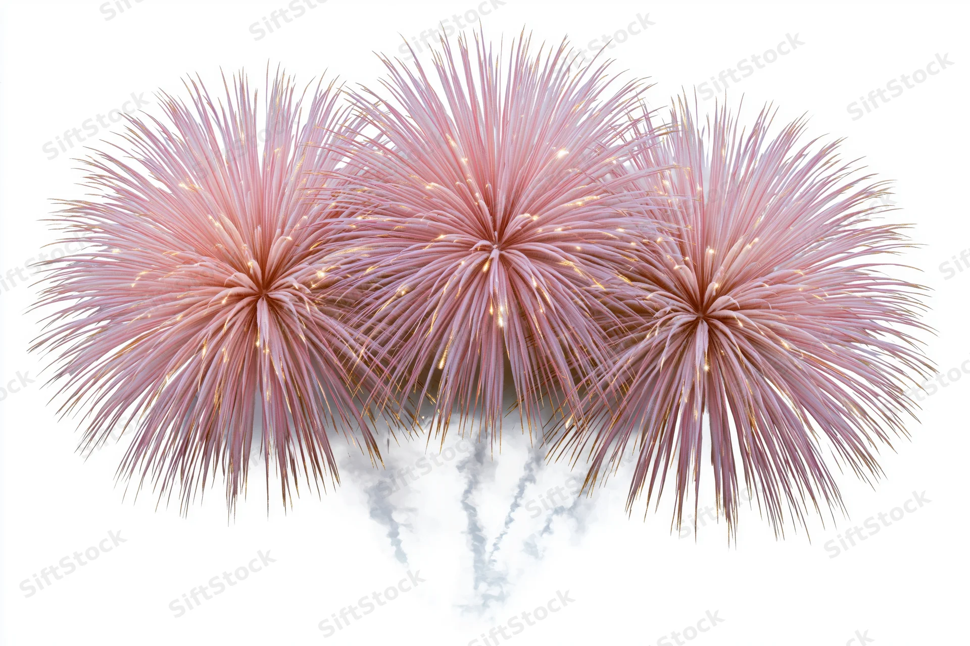 Three pink fireworks bursting simultaneously against a white background with smoke trails