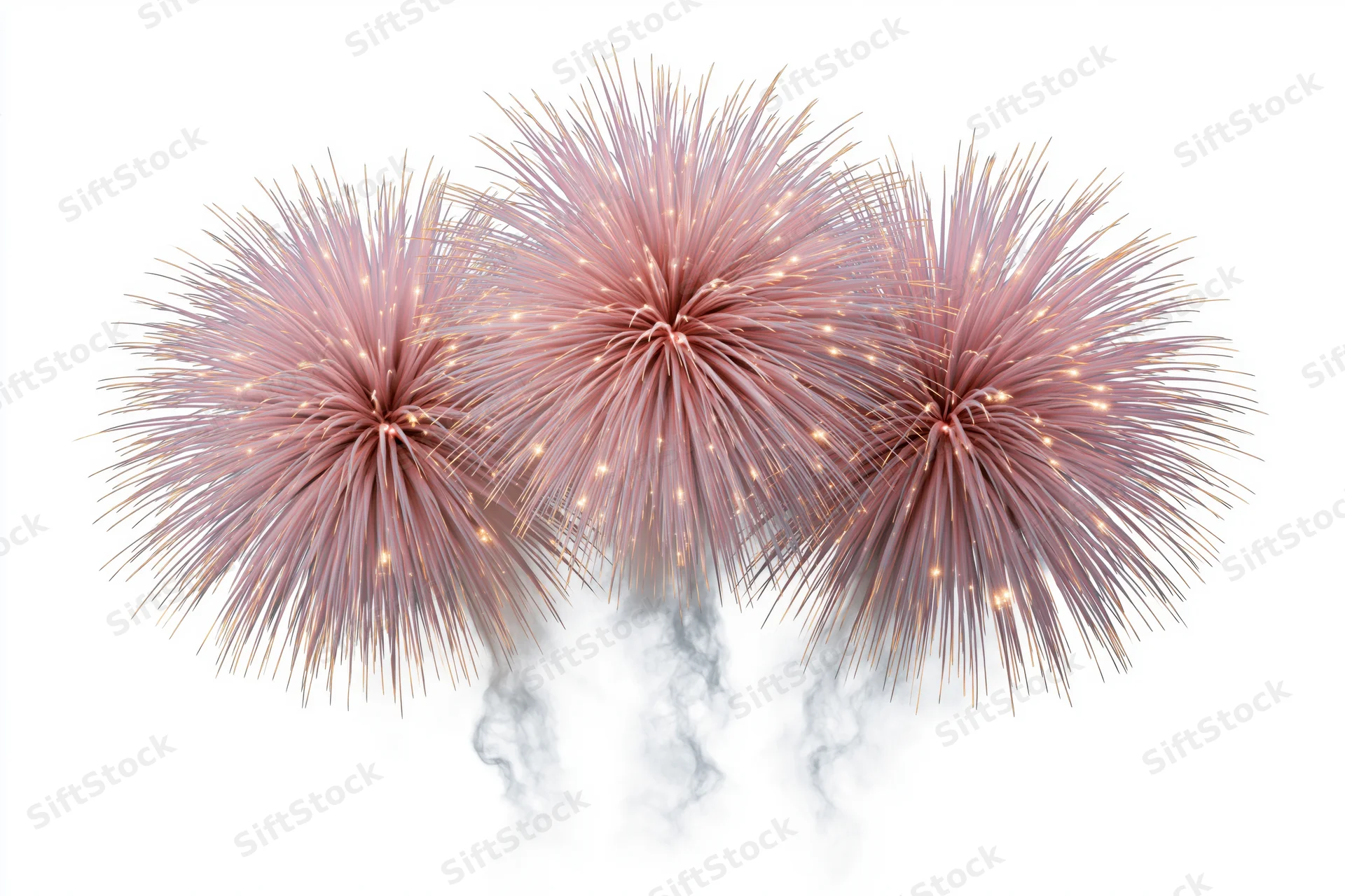 Three pink fireworks bursting simultaneously against a white background with smoke trails