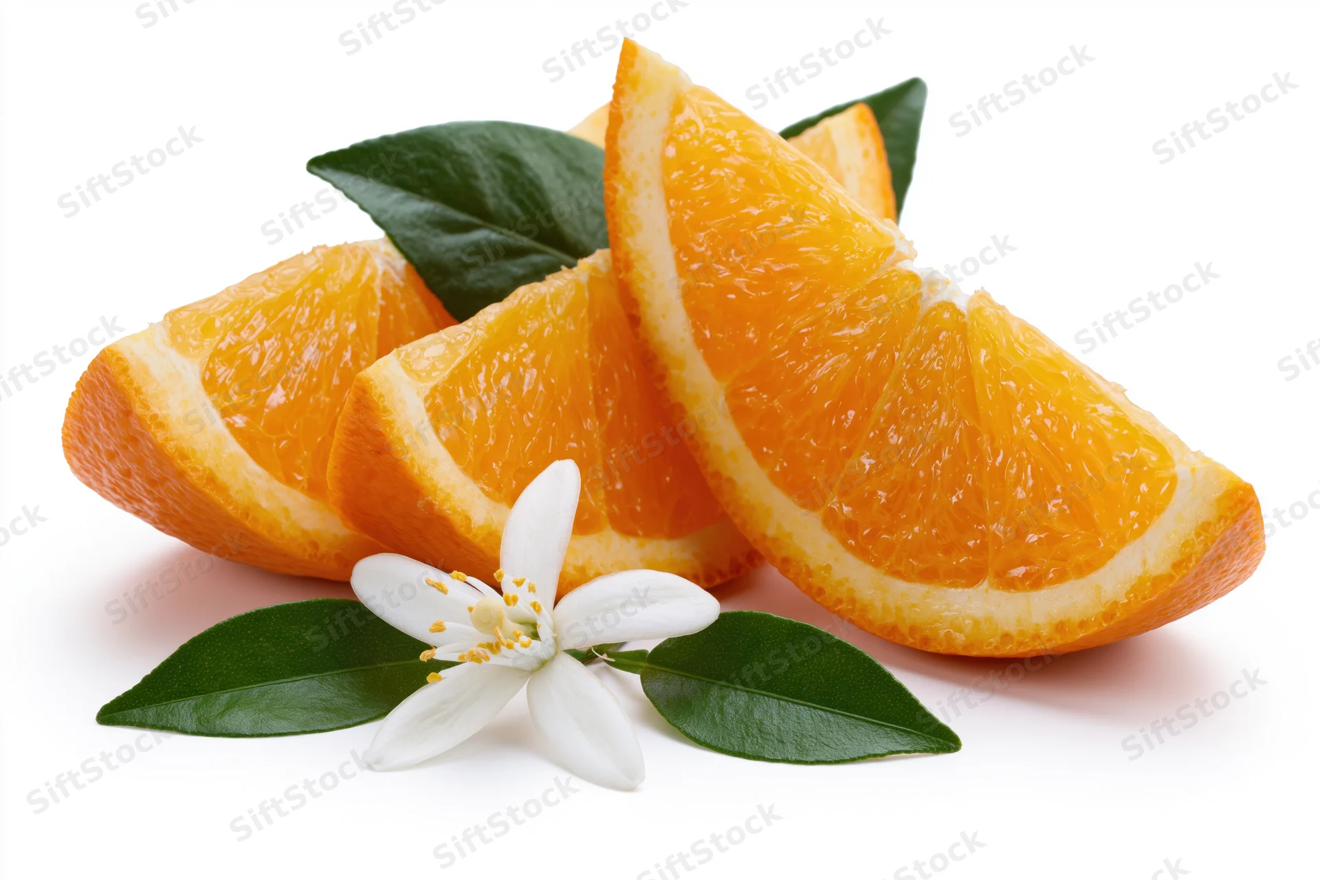 Three fresh orange wedges arranged with a white blossom and green leaves on a white background