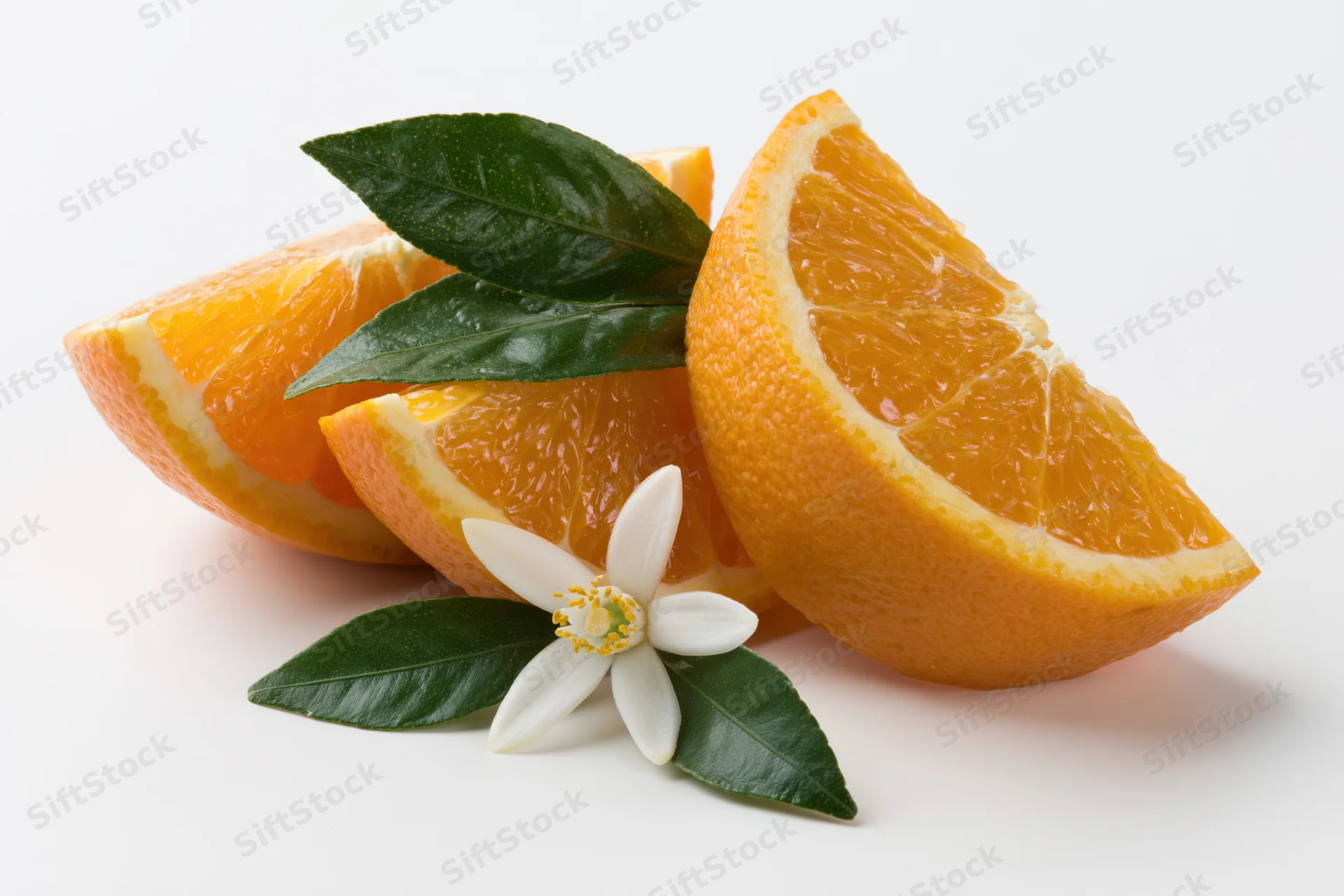 Three fresh orange wedges arranged with a white blossom and green leaves on a white surface