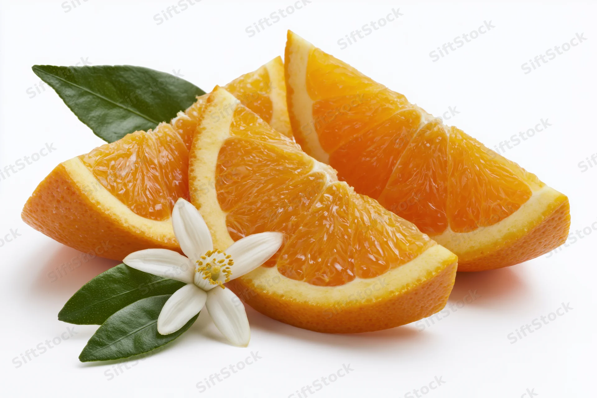 Three fresh orange wedges arranged with a white orange blossom and green leaves on white background