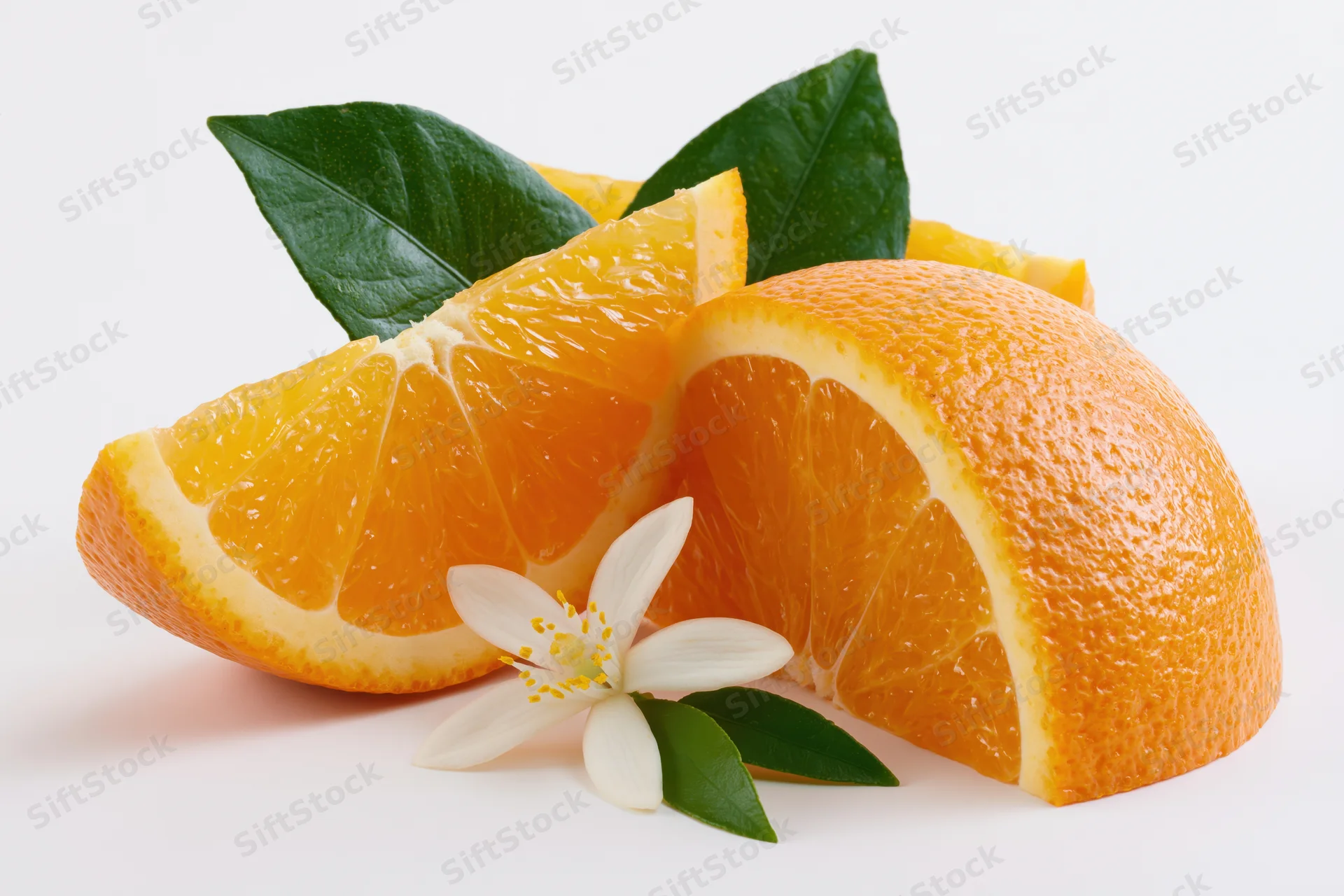Orange wedges with leaves and blossom arranged on white background