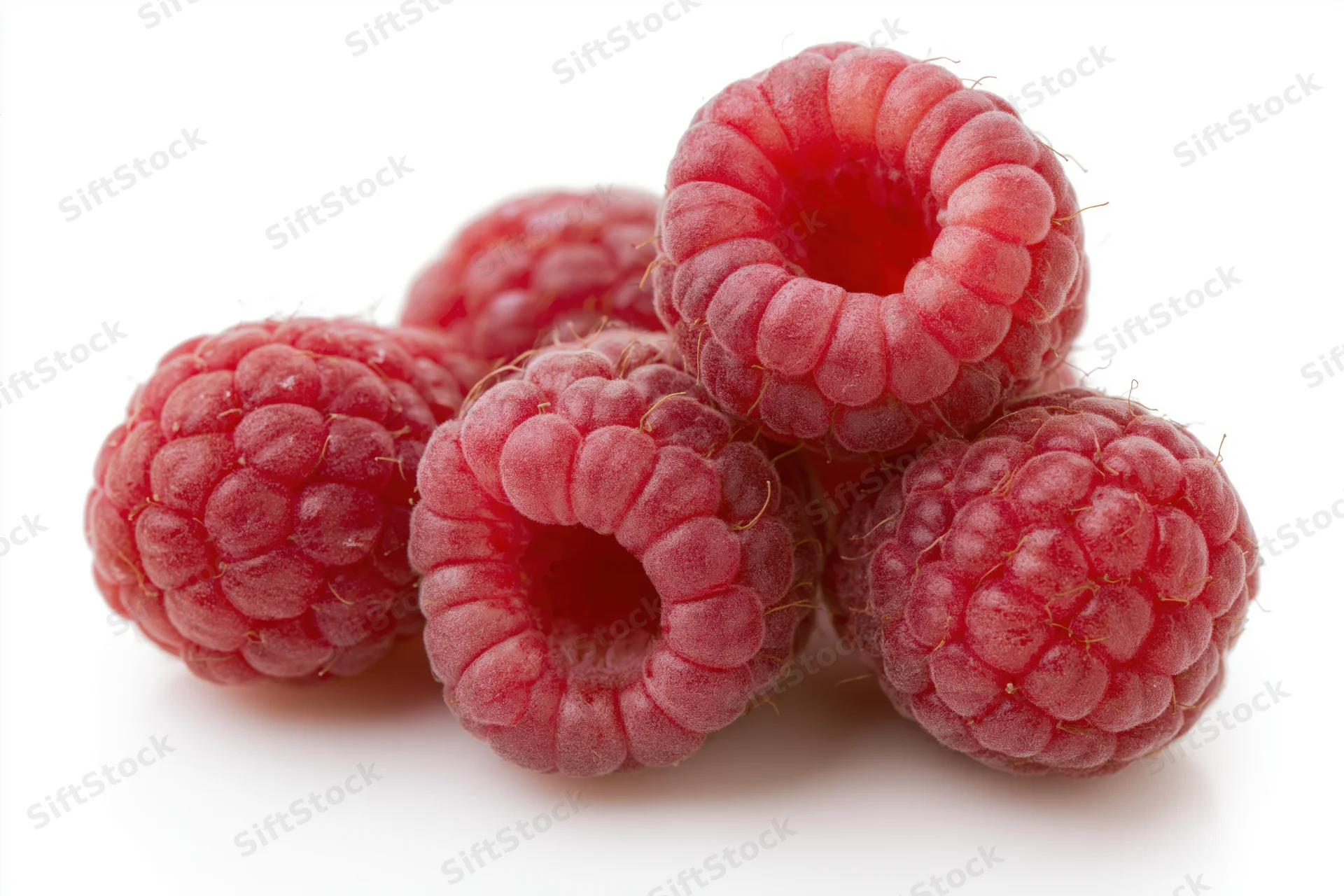 Cluster of fresh raspberries isolated on white background