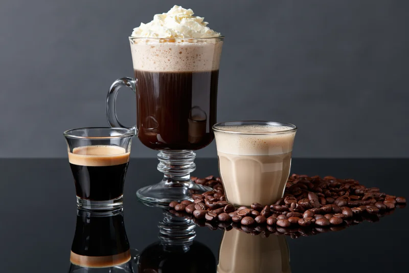 Three glass coffee drinks arranged on a reflective black surface with coffee beans scattered around