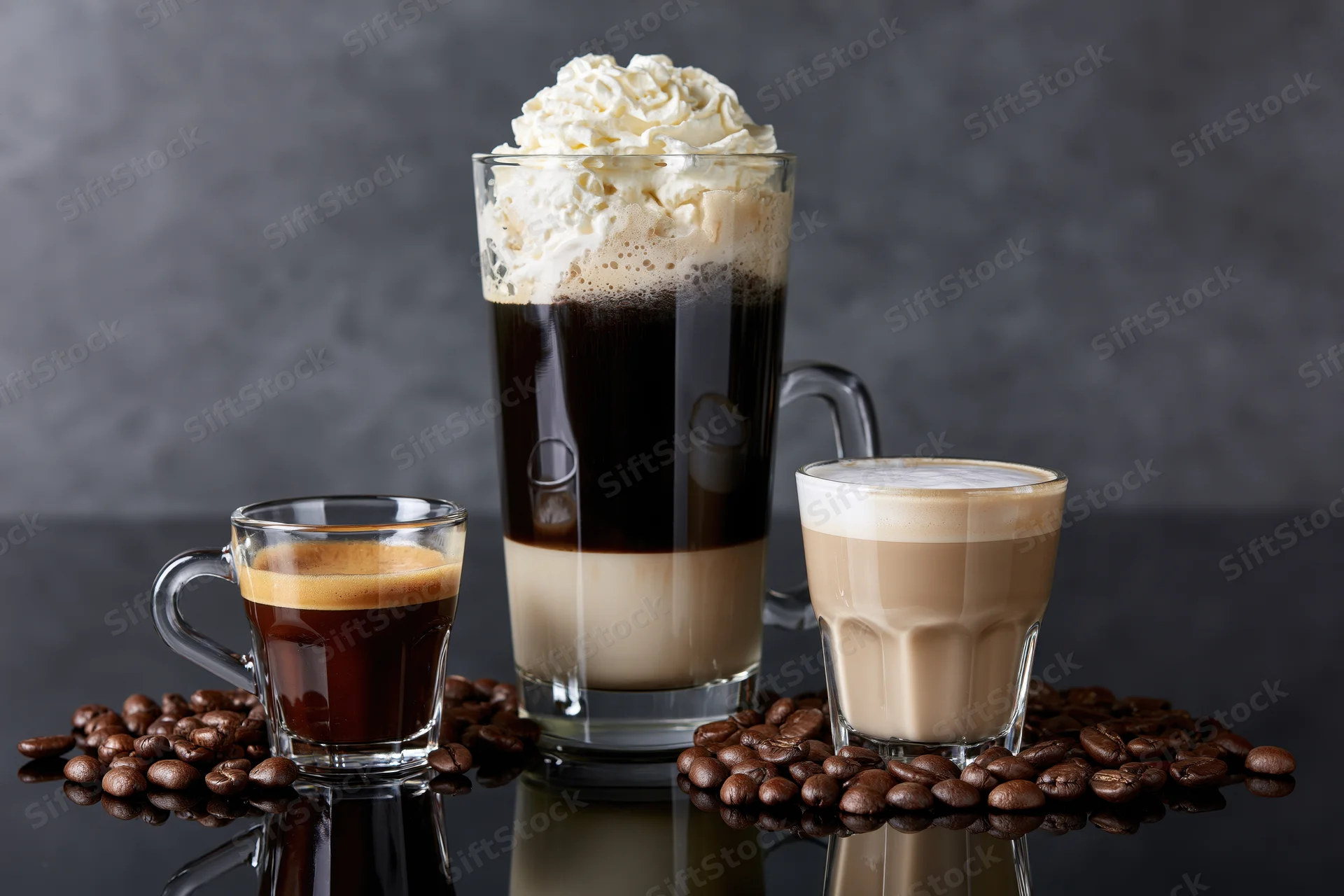 Three glass coffee drinks arranged on a reflective black surface with coffee beans scattered around