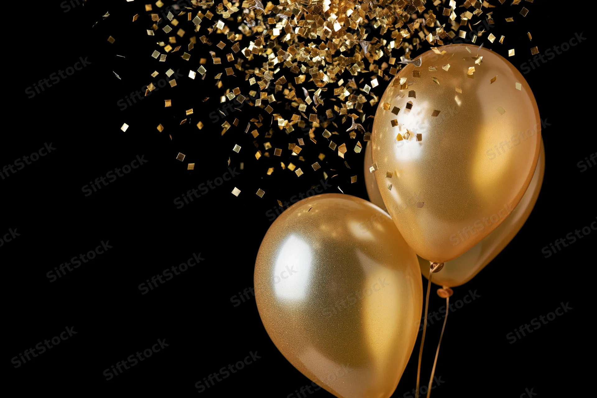 Glossy gold helium balloons clustered with falling confetti on black background