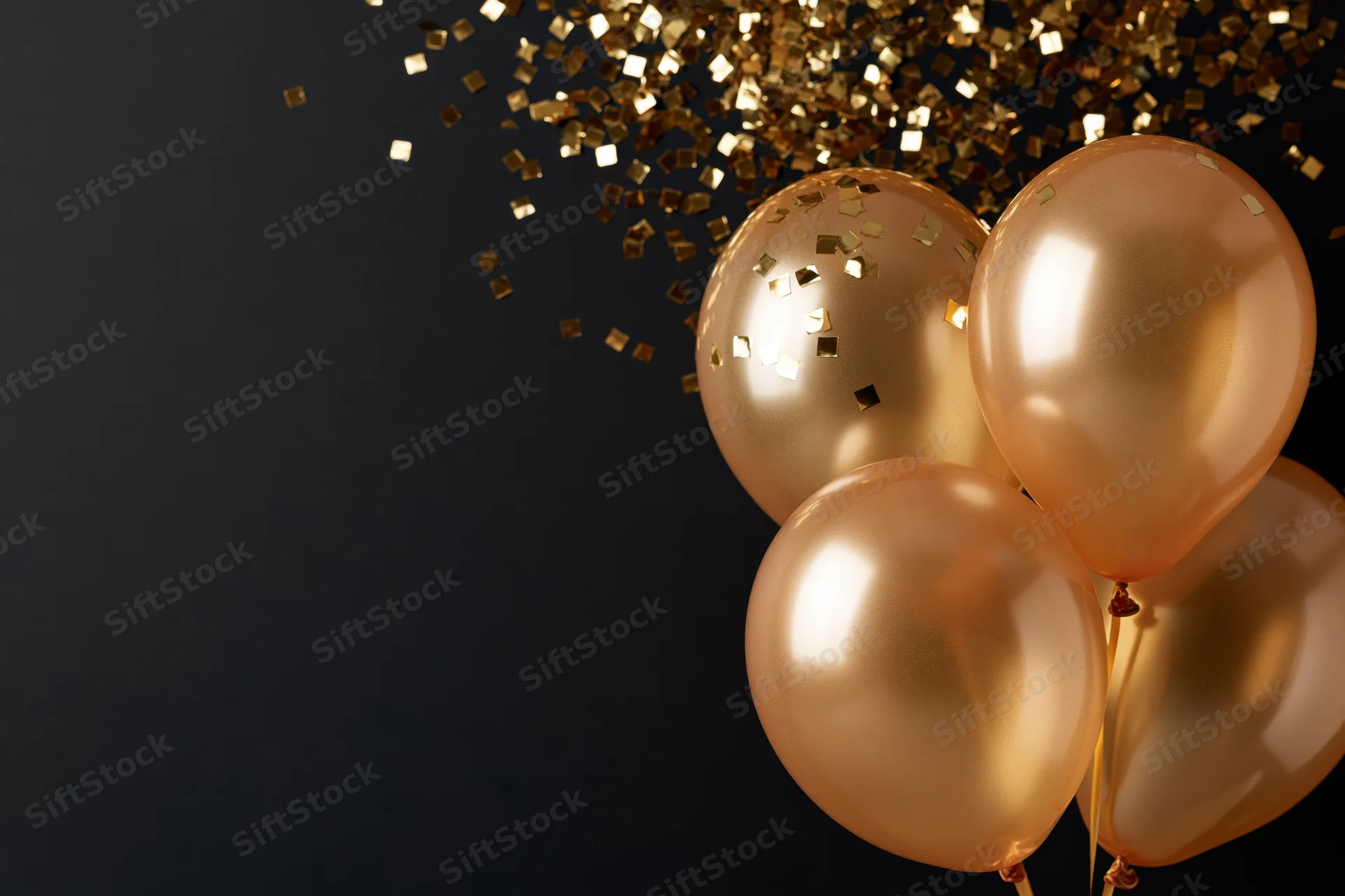 Glossy gold balloons with falling confetti on black background