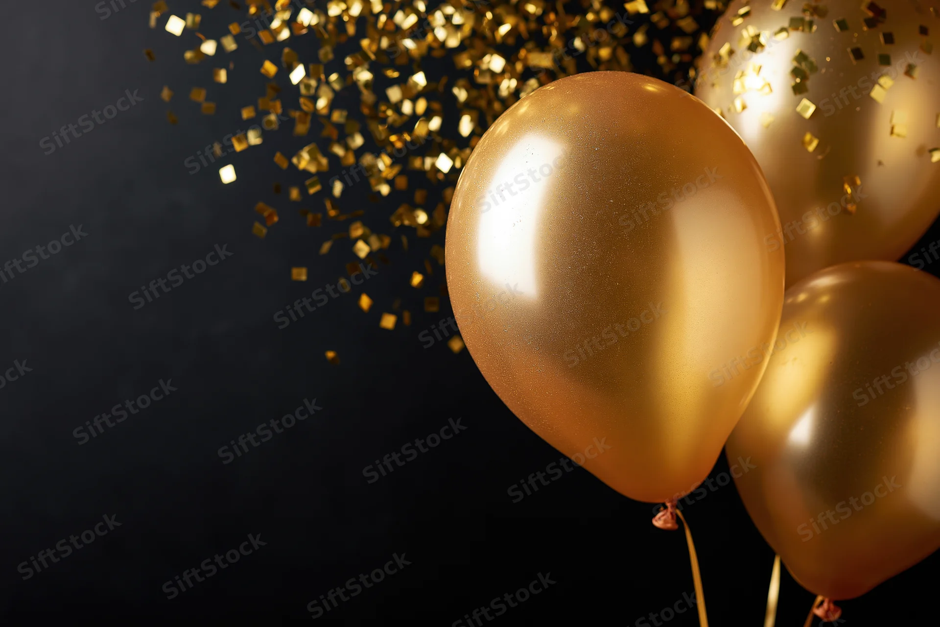 Glossy gold helium balloons floating with falling confetti against dark background