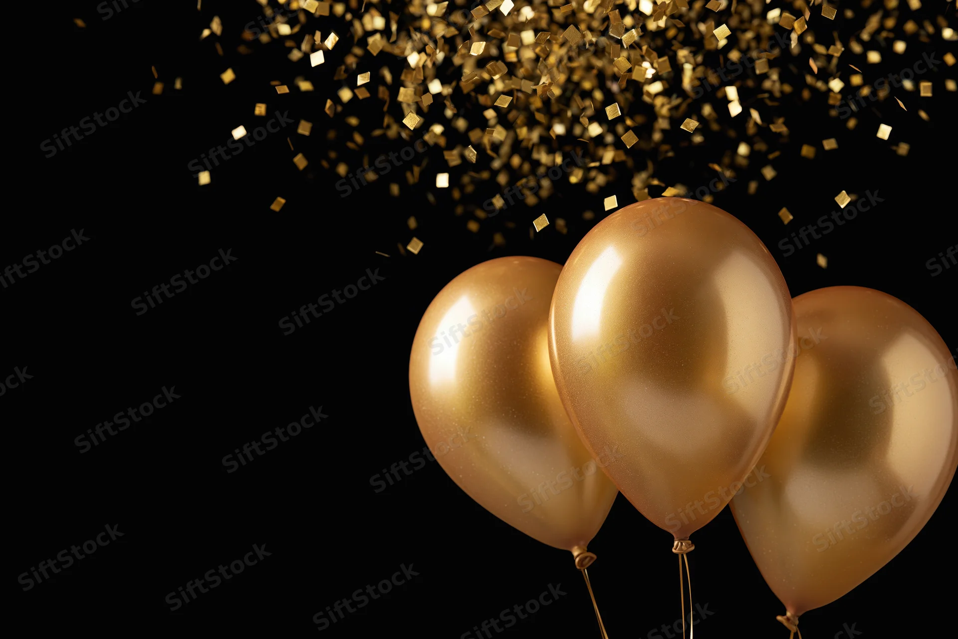 Three glossy gold helium balloons clustered in the bottom-right with falling gold confetti against a black background