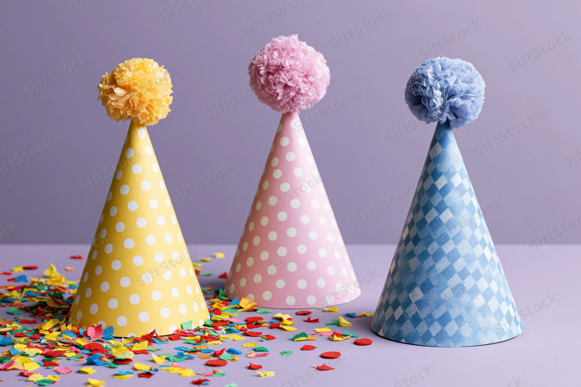 Three colorful paper party hats with pom-poms arranged on a flat surface with scattered confetti
