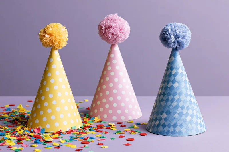 Three colorful paper party hats with pom-poms arranged on a flat surface with scattered confetti