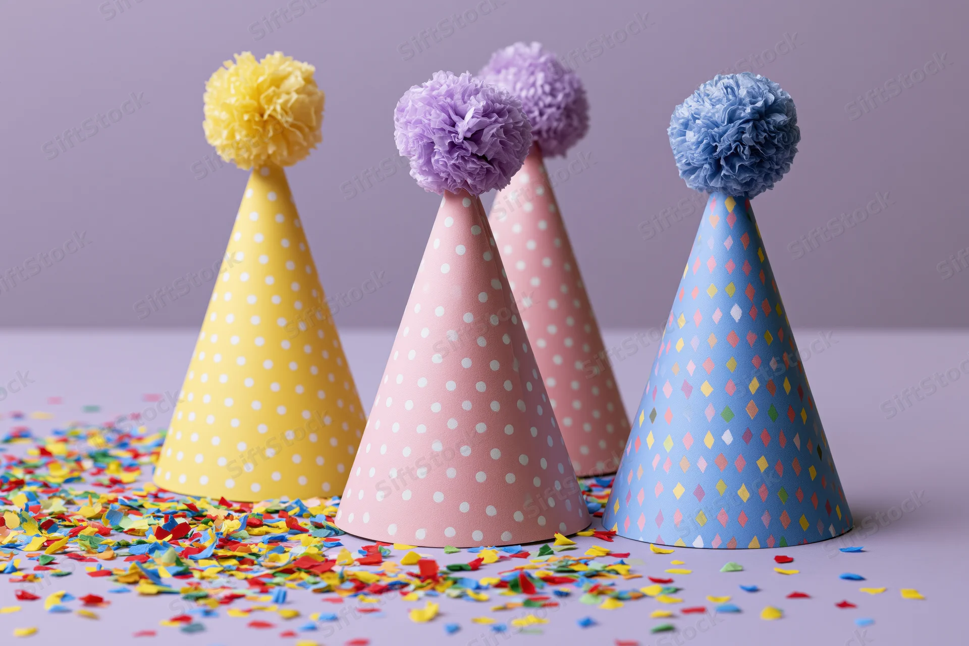 Three colorful paper party hats with pom-pom tops arranged on a flat surface with scattered confetti