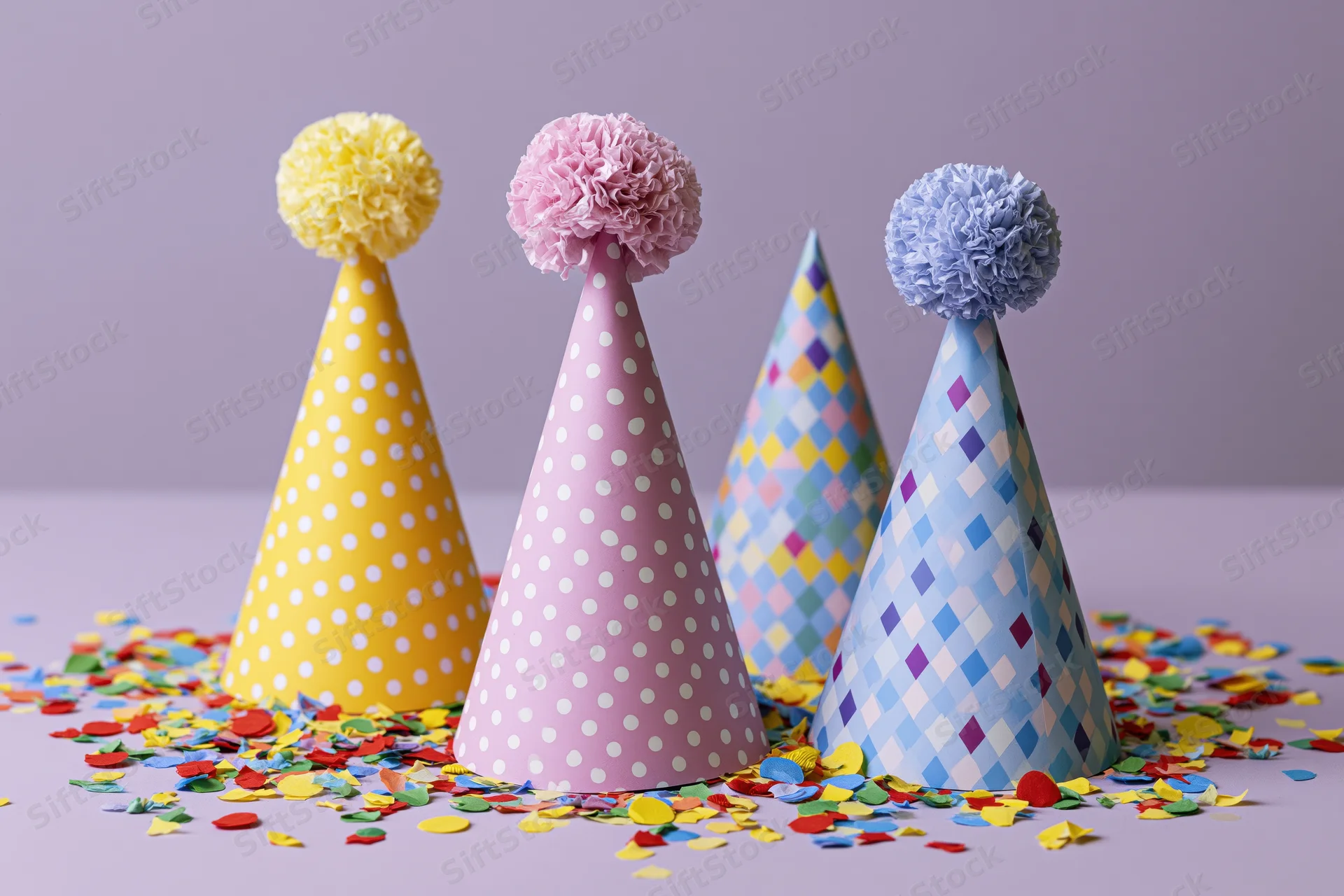 Four colorful paper party hats with pom-pom tops arranged on a flat lavender surface surrounded by scattered confetti