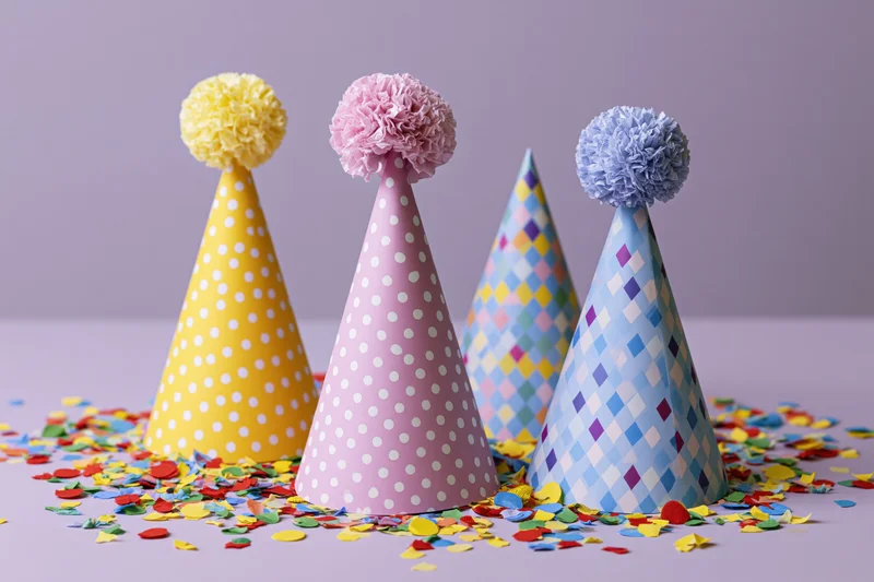 Four colorful paper party hats with pom-pom tops arranged on a flat lavender surface surrounded by scattered confetti